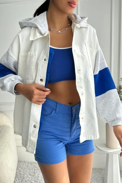 Kadın Oversize Çıkarılabilir Kapüşonlu Denim Bej Ceket - 1