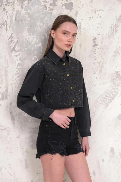 Kadın Taşlı Crop Denim Ceket - 9