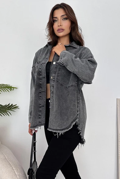 Kadın Oversize Etek Ucu Püsküllü Denim Gömlek - 4