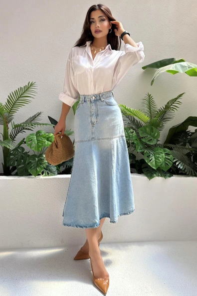 Kadın Kloş Maxi Boy Uzun Denim Etek