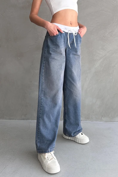 Yüksek Bel Bağcık Bel Detay Jean - 7