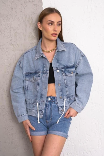 Kadın Oversize Bel Ayarlamalı Denim Ceket - 11