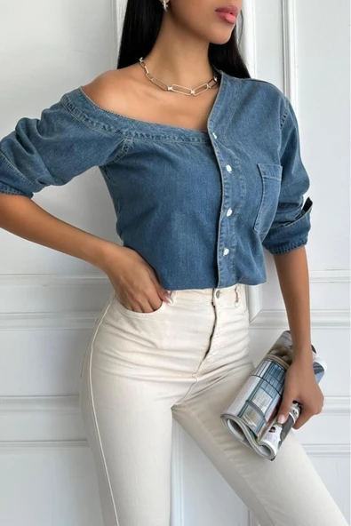 Kadın Regular Tek Omuz Denim Mavi Gömlek - 6