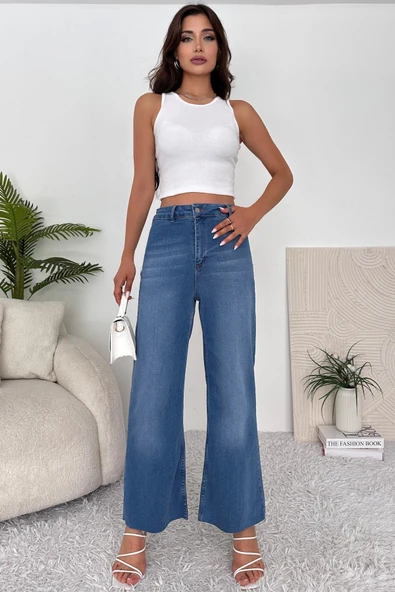 Kadın Yüksek Bel Likralı Geniş Dikişsiz Paça Jean Pantolon - 2