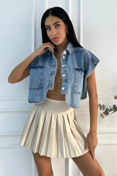 Kadın Crop Oversize Mavi Denim Yelek - 9