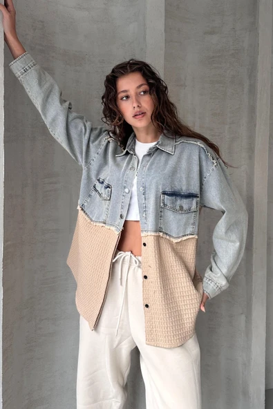 Yarı Eskitme Denim Detaylı Gömlek - 1