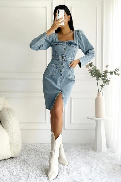 Kadın Yırtmaç Detaylı Uzun Kollu Denim Midi Mavi Elbise - 8