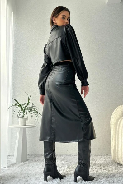 Kadın Balon Kollu Crop Siyah Suni Deri Ceket - 12