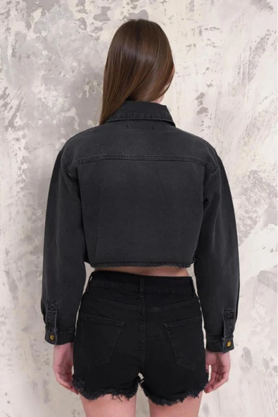 Kadın Taşlı Crop Denim Ceket - 7