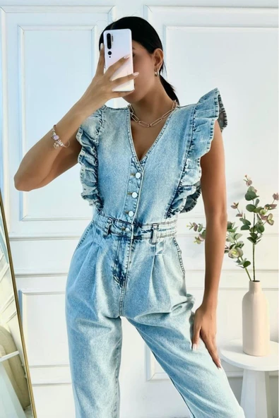 Kadın Fırfır Detaylı Kolsuz Mom Kalıp Denim Tulum - 9