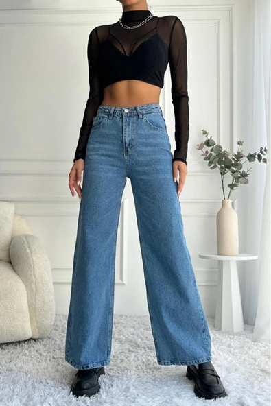 Kadın Yüksek Bel Wide Leg Mavi Jean Pantolon - 8