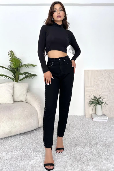 Kadın Yüksek Bel Dar Paça Taşlı Jean Pantolon