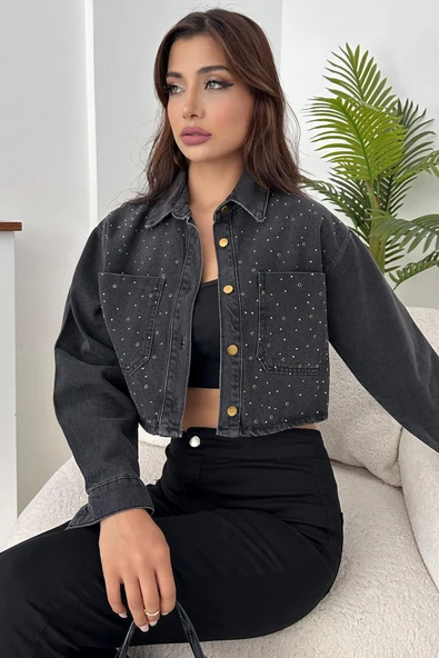 Kadın Crop Taşlı Ceket - 3