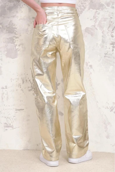 Kadın Geniş Paça Varaklı Yüksek Bel Parlak Kaplama Pantolon - 2