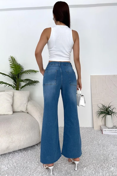 Kadın Yüksek Bel Likralı Geniş Dikişsiz Paça Jean Pantolon - 5