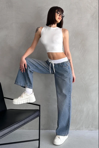 Yüksek Bel Bağcık Bel Detay Jean - 3