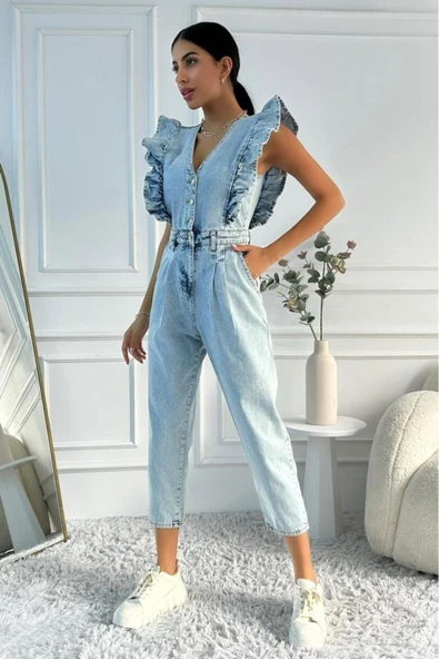 Kadın Fırfır Detaylı Kolsuz Mom Kalıp Denim Tulum - 10