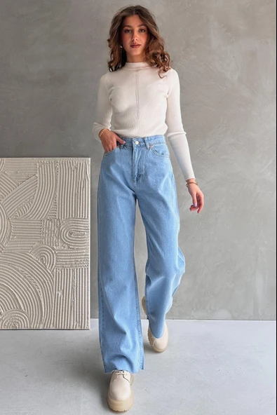 Yüksek Bel Geniş Paça Dikişsiz Paça Wide Leg Jean - 1419 - 3