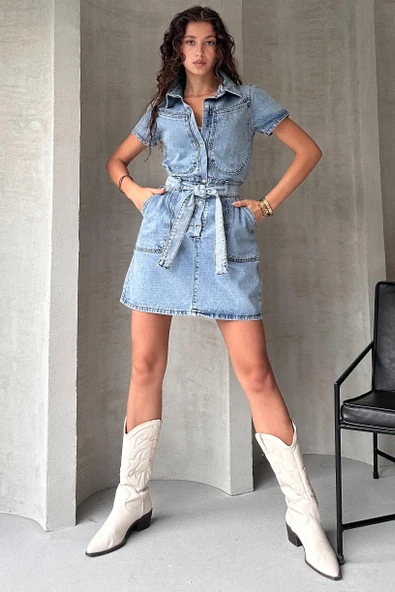 Kemerli Kısa Kol Denim Elbise - 5