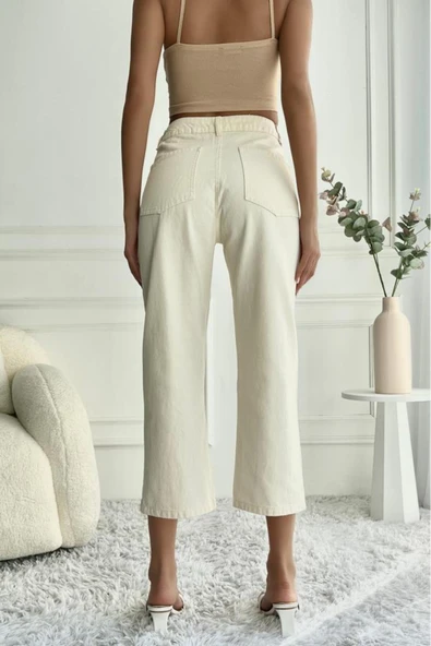 Kadın Yüksek Bel Dantel İşlemeli Mom Fit Bej Jean Pantolon - 2