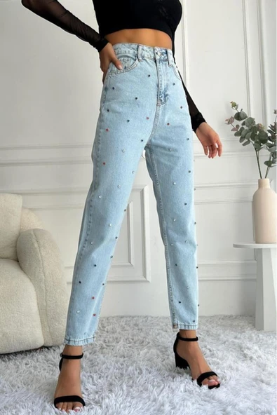 Kadın Yüksek Bel Taşlı Mom Fit Mavi Jean Pantolon - 10
