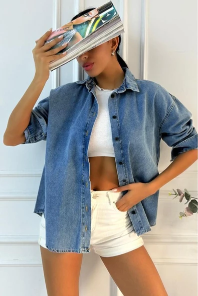 Kadın Oversize Mavi Denim Gömlek - 6