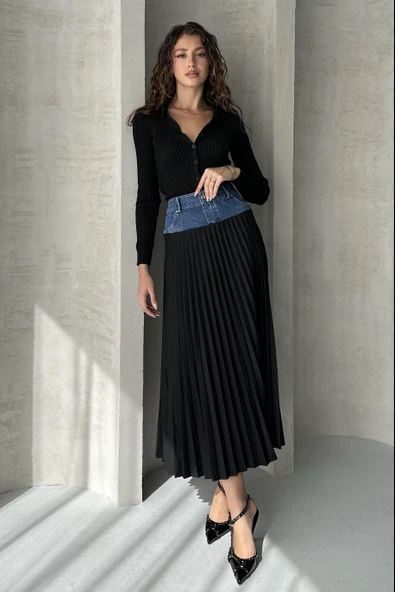 Denim Detay Pileli Etek - 2