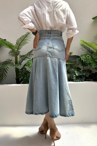 Kadın Kloş Maxi Boy Uzun Denim Etek - 5