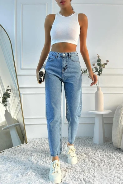 Kadın Yüksek Bel Mom Fit Mavi Jean Pantolon - 5