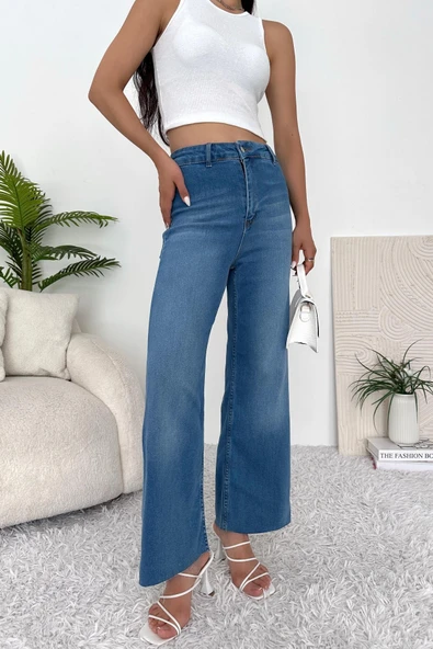 Kadın Yüksek Bel Likralı Geniş Dikişsiz Paça Jean Pantolon - 3