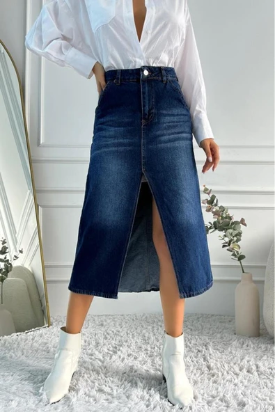 Kadın Midi Boy Yırtmaçlı Denim Lacivert Etek - 4