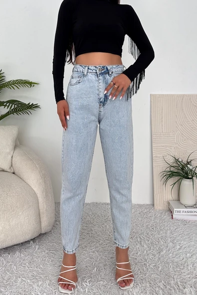 Kadın Yüksek Bel Taşlı Jean Pantolon - 3