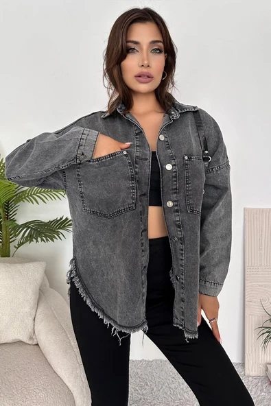 Kadın Oversize Etek Ucu Püsküllü Denim Gömlek - 2