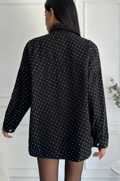 Kadın Oversize Taşlı Denim Siyah Ceket - 2
