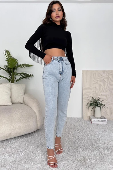 Kadın Yüksek Bel Taşlı Jean Pantolon