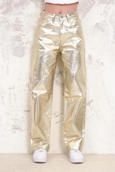 Kadın Geniş Paça Varaklı Yüksek Bel Parlak Kaplama Pantolon - 3