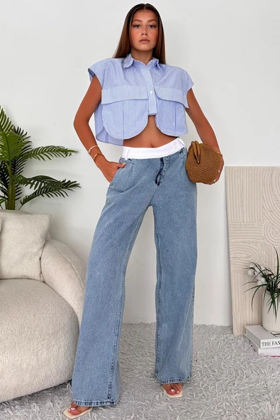 Kadın Boxer Detaylı Geniş Kalıp Jean Pantolon