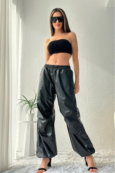 Kadın Bel ve Paça Lastikli Suni Deri Yüksek Bel Jogger Siyah Pantolon - 5