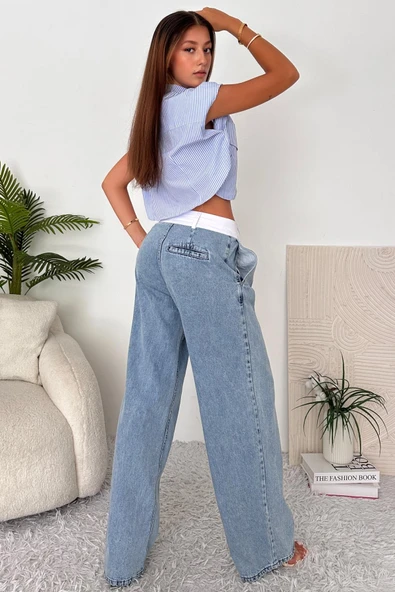 Kadın Boxer Detaylı Geniş Kalıp Jean Pantolon - 5