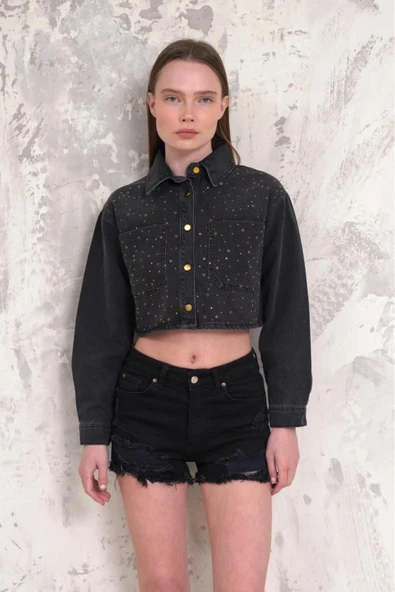 Kadın Taşlı Crop Denim Ceket - 1