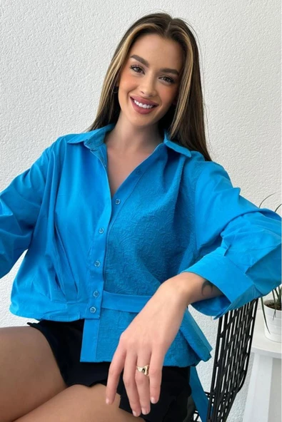 Kadın Oversize Kabartma Desenli Asimetrik Gömlek - 9