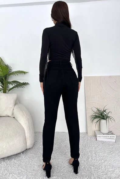 Kadın Yüksek Bel Dar Paça Taşlı Jean Pantolon - 5