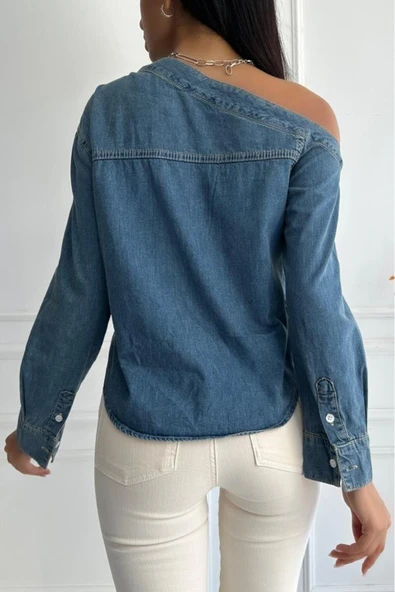 Kadın Regular Tek Omuz Denim Mavi Gömlek - 7