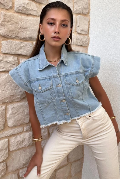 Kadın Etek Ucu Püsküllü Denim Yelek - 3