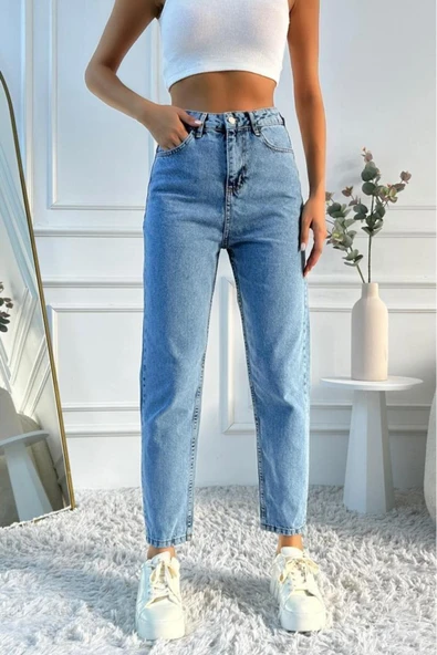 Kadın Yüksek Bel Mom Fit Mavi Jean Pantolon - 4