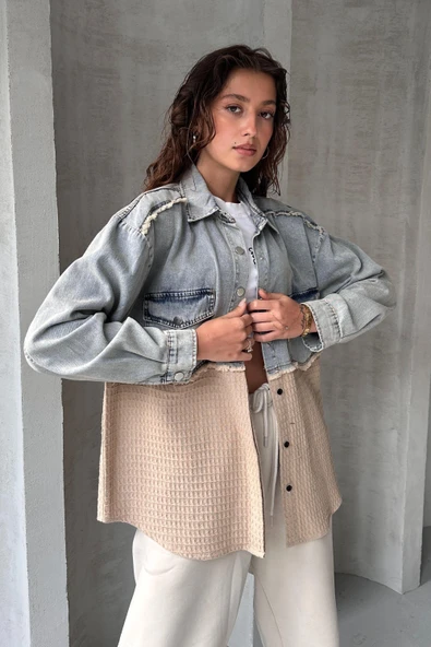 Yarı Eskitme Denim Detaylı Gömlek - 8