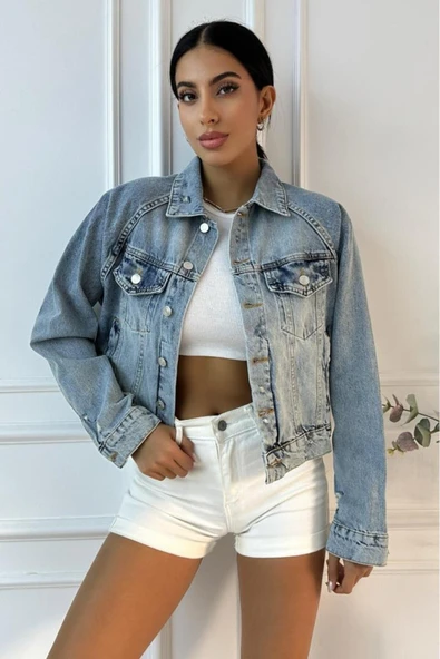 Kadın Yıpratmalı Vintage Mavi Denim Ceket - 4