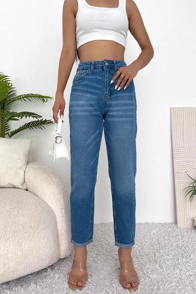 Kadın Yüksek Bel Duble Paça Jean Pantolon - 2