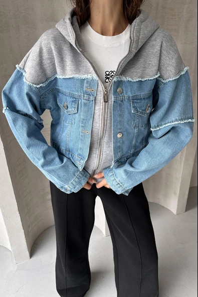 Relaxed Fit Yarı Denim Kapüşonlu Hırka - 5