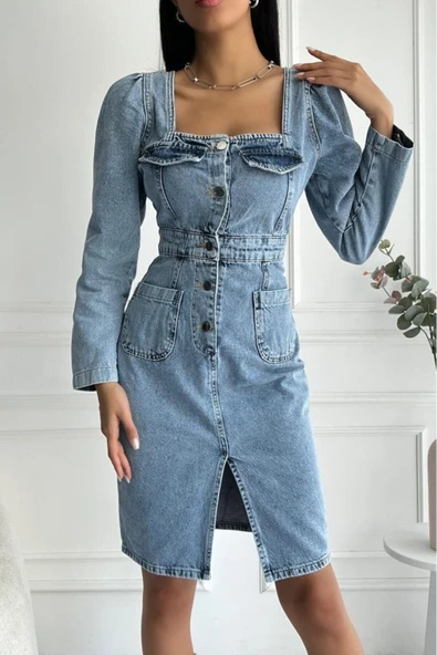 Kadın Yırtmaç Detaylı Uzun Kollu Denim Midi Mavi Elbise - 10